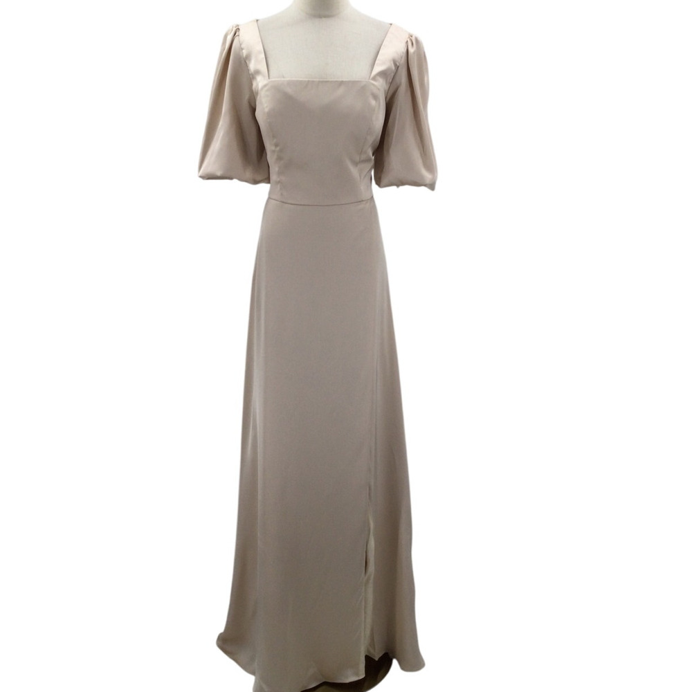 AW BRIDAL 10 L Champagne satin Etta  bridesmaid formal maxi dress NEW B35